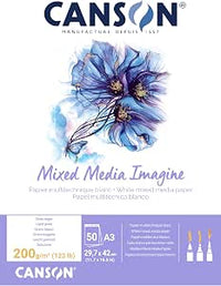 Canson Imagine, Papel Mixed Media, Grando ligero, 200g, Encolados por el lado corto, A3-29,7x42cm, Blanco natural, 50 Hojas