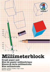 Ursus 7074000 - Bloc de Hojas A3, 80 g/m², 25 Hojas, cuadrícula de 1 mm, impresión en Rojo, con Rejilla, de Papel Blanco sin celulosa, Ideal para Dibujos técnicos
