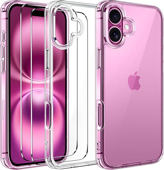 ivoler Clara Funda para iPhone 16 6.1-Inch, con 2 Piezas Cristal Templado y Marco de Instalación, [Protección Militar] Anti-Amarillo Carcasa Antigolpes Bumper Case Cover - Transparente