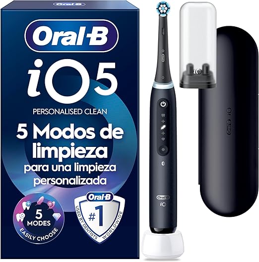 Oral-B iO 5 Cepillo De Dientes Eléctrico Negro Con 1 Cabezal Y 1 Estuche De Viaje, 5 Modos De Cepillado Con Blanqueamiento Dental, Sensor De Presión y Temporizador, Diseñado Por Braun