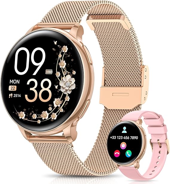 AIMIUVEI Reloj Inteligente Mujer, 1,27” HD Smartwatch Mujer con Llamadas, Función Femenina, 120+ Modos Deportivos, 24H Pulsómetro, 24H SpO2, Sueño, Calorías, Podómetro, IP68 iOS Android Oro Rosa