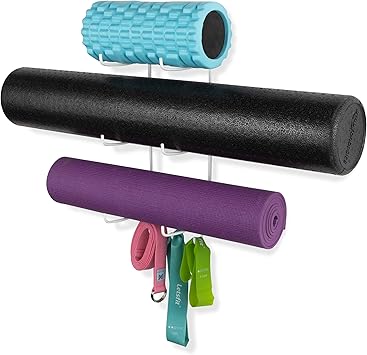 Wallniture Guru Wandhalterung Yogamatte Heim Gym Ausrüstung Widerstandsbänder und Schaumstoffrollenhalter mit 3 Haken 3 Metallschnitt Weiß