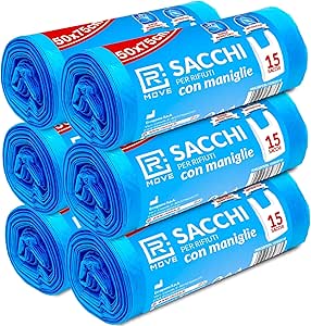 R MOVE 90 bolsas de basura de 50 x 60 + 15 cm de asas, bolsas de basura de 40 litros, 6 rollos, 15 bolsas de basura por rollo, bolsas de basura con asas (90 bolsas)