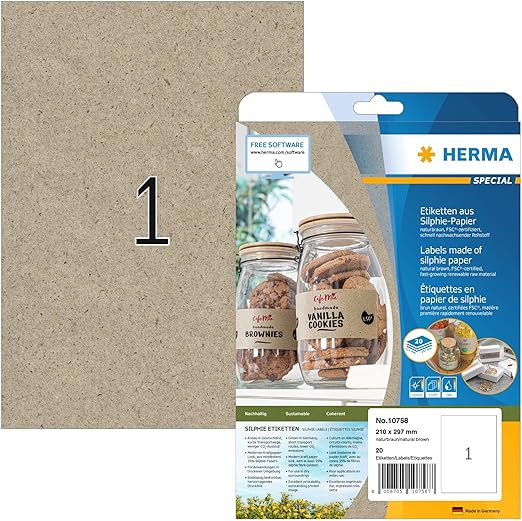 HERMA Etiquetas autoadhesivas multiusos, 1 etiqueta por hoja A4, 20 hojas, 210 x 297 mm, 20 etiquetas, calcomanías universales en blanco, etiquetas adhesivas Silphie para impresora láser y de