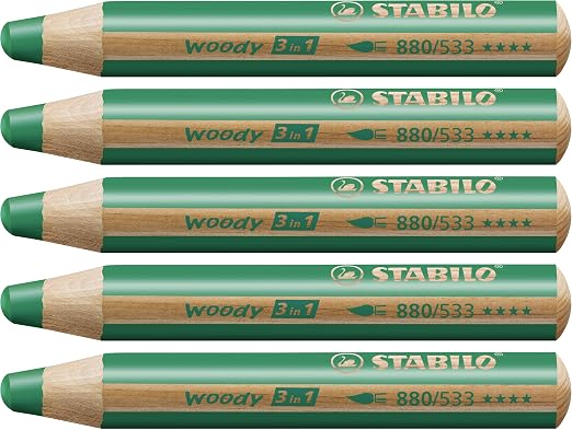 STABILO - Buntstift, Wasserfarbe & Wachsmalkreide - woody 3 in 1-5er Pack - dunkelgrün