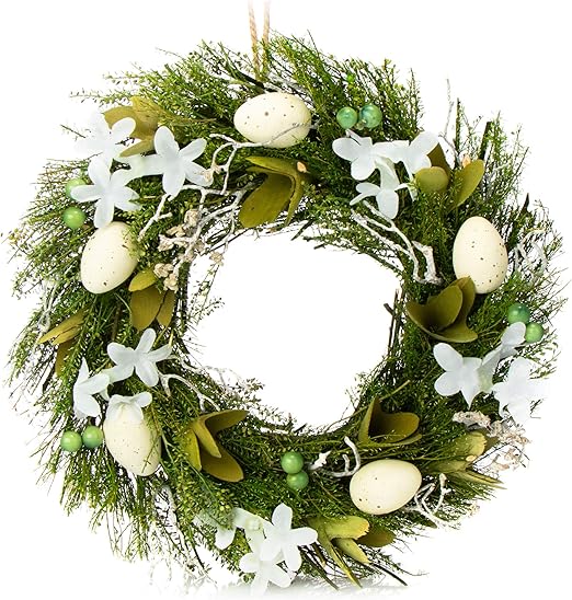 com-four® Corona de Pascua con Flores de Madera y Huevos - Corona de Mesa Decorativa - Corona de Puerta con Percha y Flores
