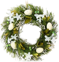 com-four® Corona de Pascua con Flores de Madera y Huevos - Corona de Mesa Decorativa - Corona de Puerta con Percha y Flores