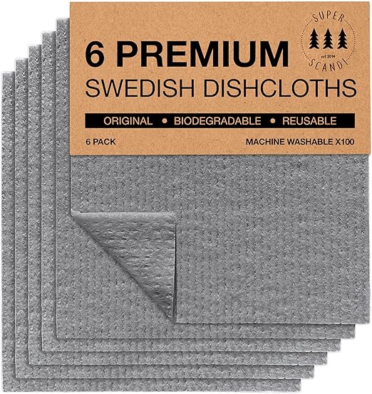 SUPERSCANDI 6 Piezas Paños de Cocina - 100% Biodegradables y Compostables | Trapos de Cocina Reutilizables, Aptos para Alimentos y Sin Plástico | Bayetas para Todas Las Superficies, Gris