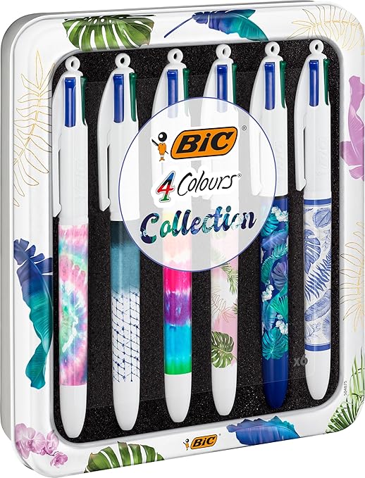 BIC 4 Colores Decors Collection Series Botanical y Tie Dye Bolígrafos de Punta Media (1,00 mm) - Material escolar, papeleria y oficina, boligrafos bonitos - Ideas de regalos