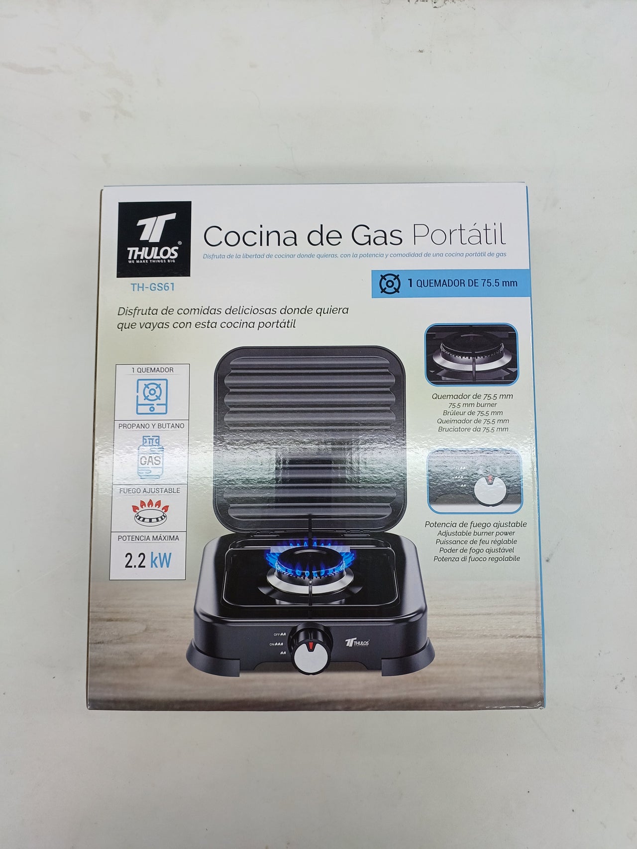 Cocina de Gas Portátil, 1 quemador, 75,5mm, propano y butano, fuego ajustable, potencia máxima de 2,2kW
