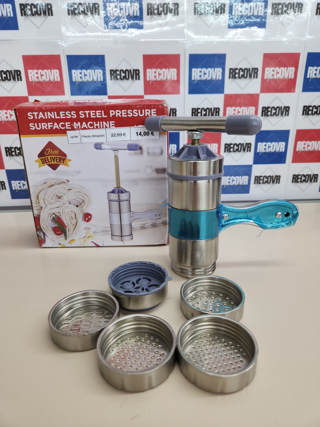 Prensa de Fideos Manual 5 Moldes para Fideos Frescos Caseros,Lasaña,Espaguetis Jadeshay