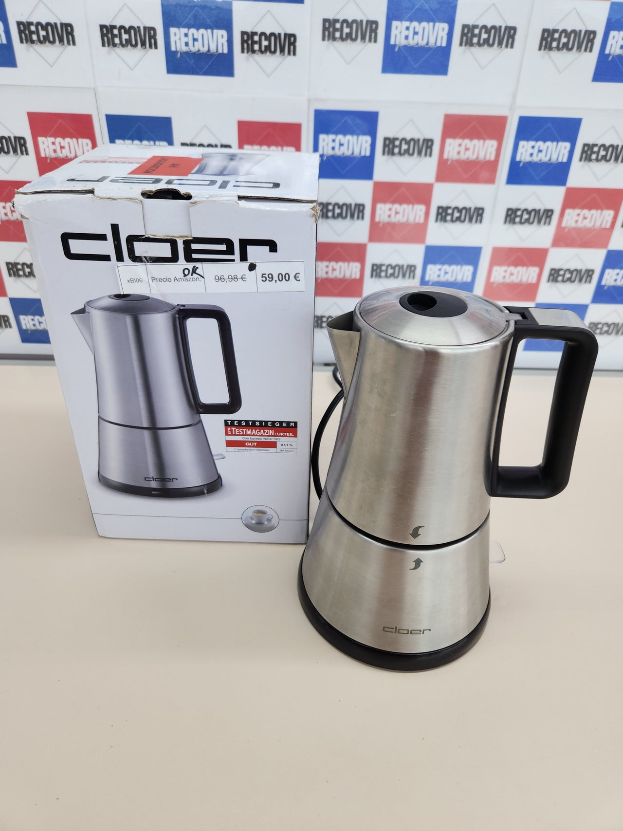 Cafetera espresso eléctrica, 3-6 tazas, un filtro de acero inoxidable, Apagado automático, Indicador de nivel de agua, Interruptor encendido / apagado, 365 vatios, acero inoxidable Cloer 5928