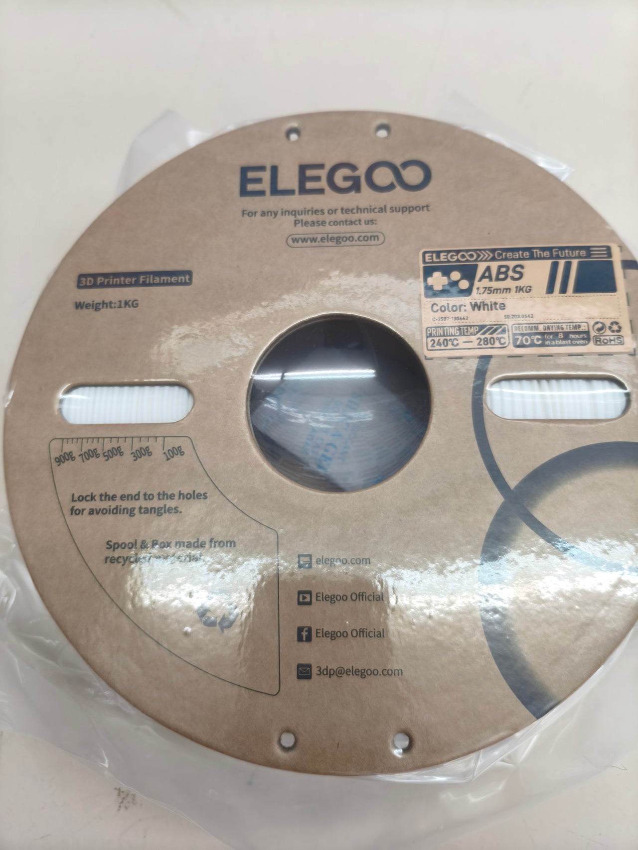 Filamento ABS para impresora 3D, 1,75 mm, 1 kg, blanco.