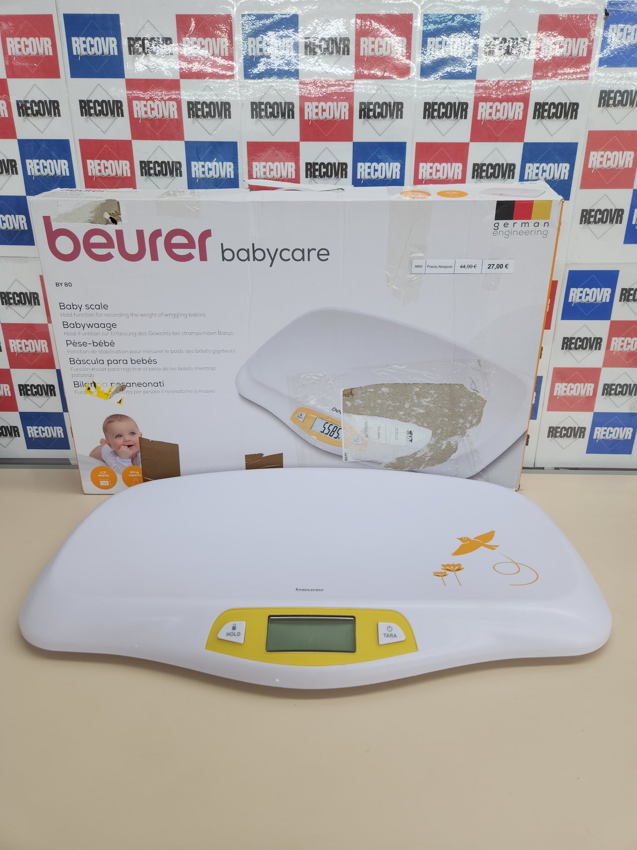 Báscula 20 kg para bebés, con superficie curvada y segura, función de tara y retención para bebés que patalean, medición y visualización en pasos de 5 g Beurer BY 80