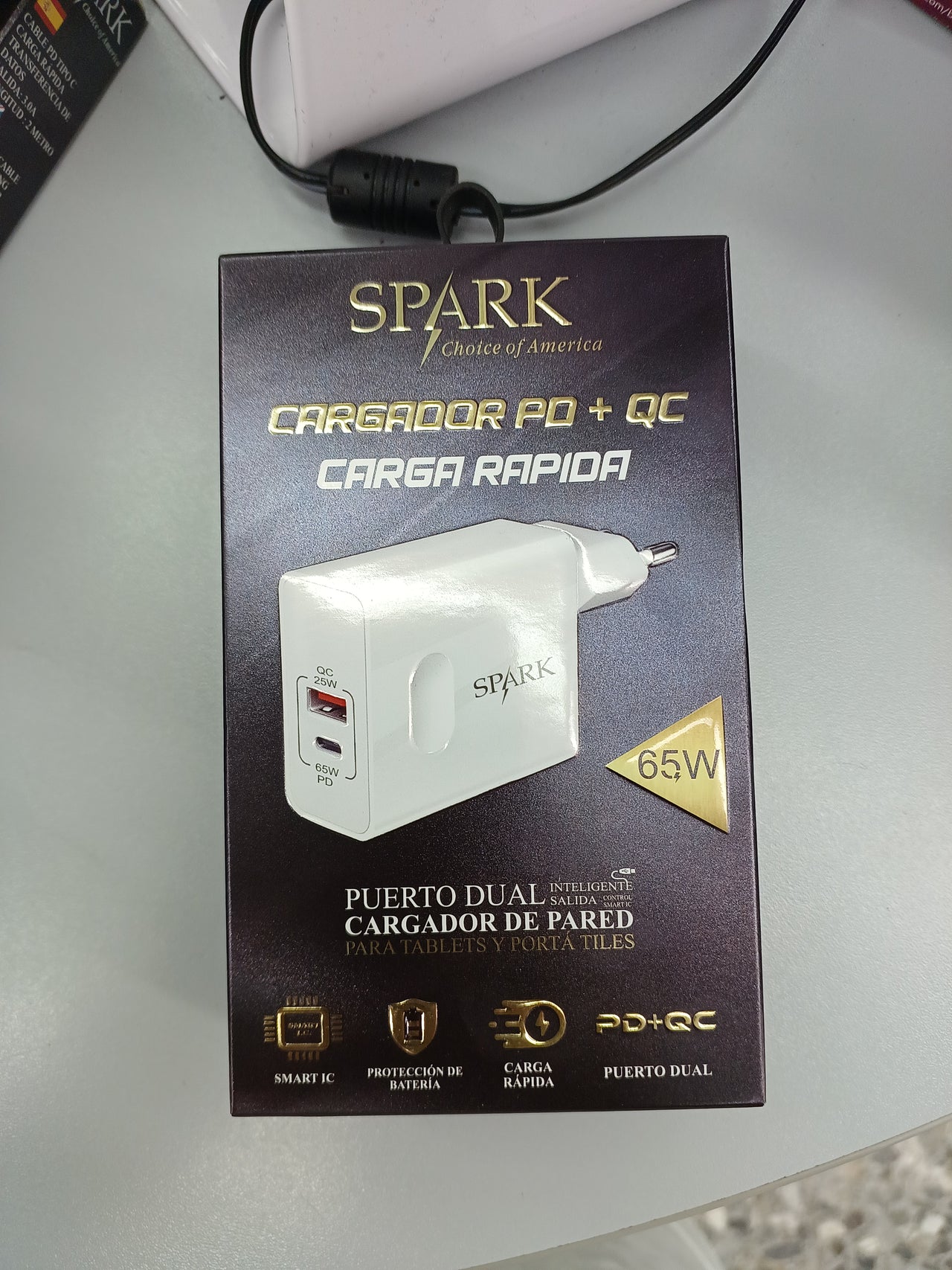 Cargador de carga rápida, PD a QC, 65W, Puerto Dual para Portátil SPARK
