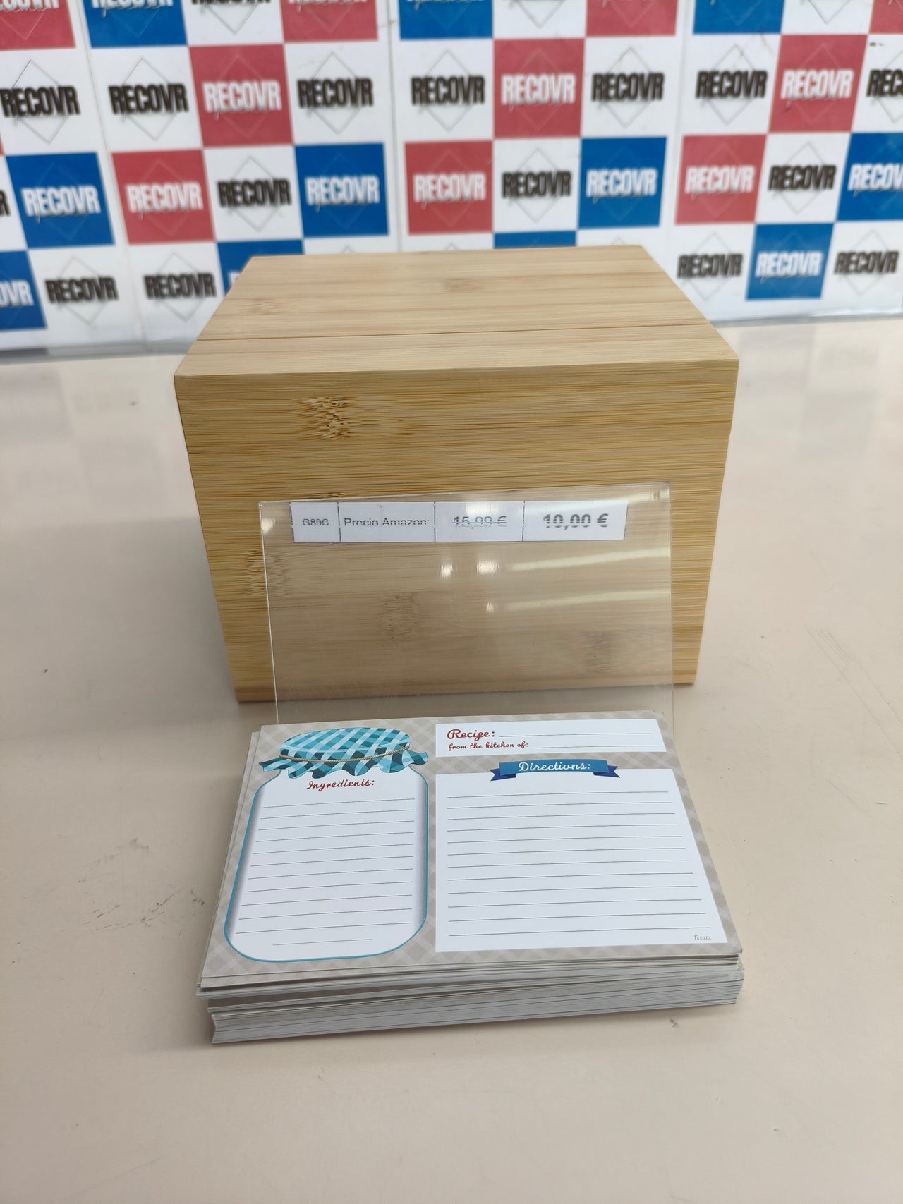 Caja de madera para recetas con 50 tarjetas en blanco