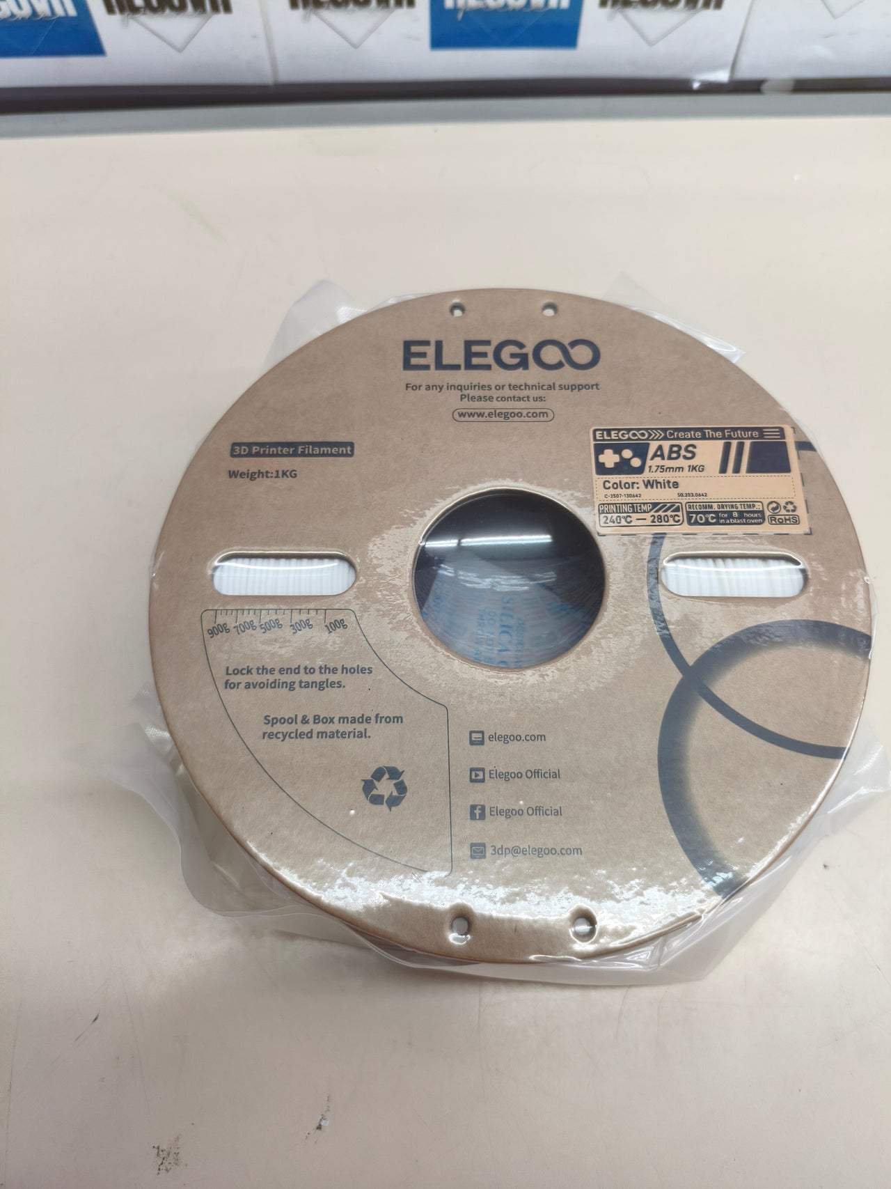 Filamento ABS para impresora 3D, 1,75 mm, 1 kg, blanco.