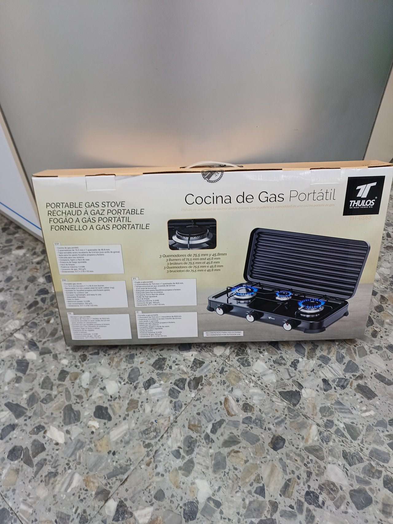 Cocina de Gas portátil, 3 quemadores, de 75,5mm y 45,8mm, potencia máxima 5,4kW, Gas butano y propano Thulos