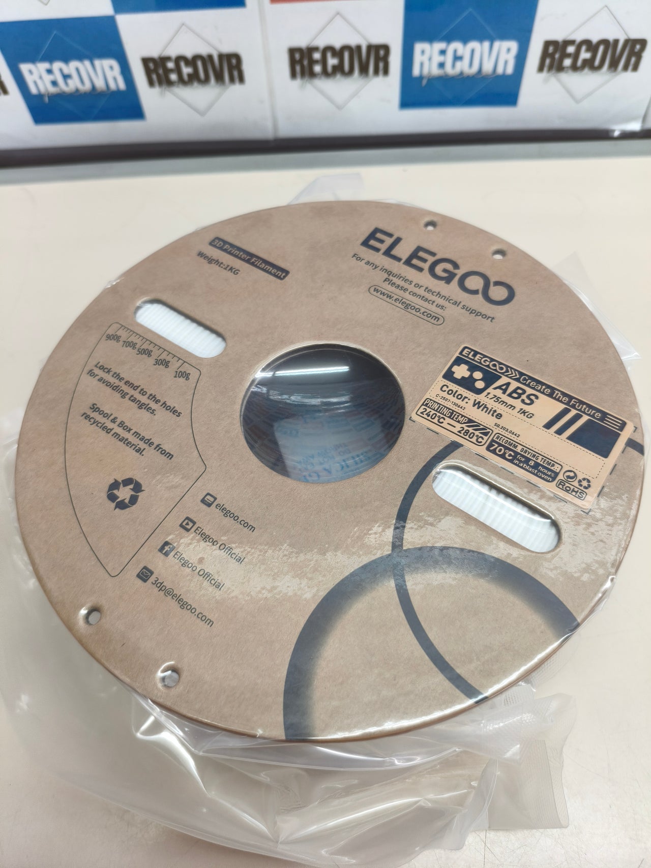Filamento ABS para impresora 3D, 1,75 mm, 1 kg, blanco.