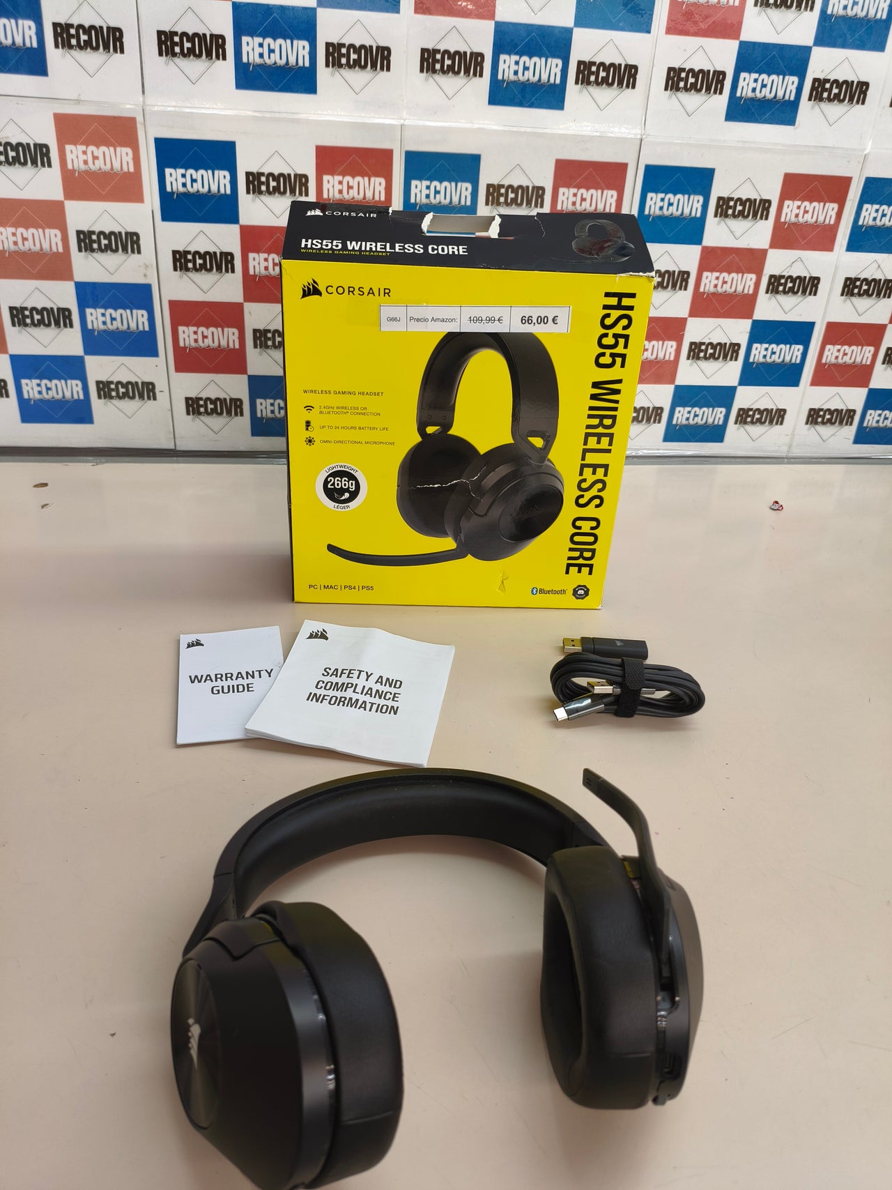 Corsair HS55 Core Wireless, auriculares gaming, micrófono, 15 m, carbono