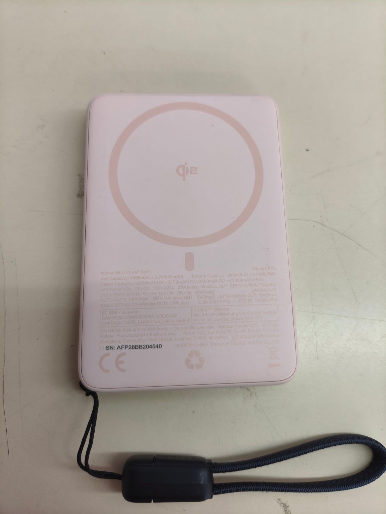 Batería externa INIU Qi2 MagSafe 10.000 mAh, 45 W, rosa.