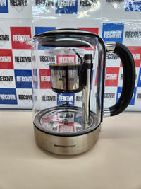 Tetera de vidrio 2200 W 1.7L con colador de té completamente automático de grado 1.3, vidrio de borosilicato de cierre suave, sin BPA,  selección de temperatura de volumen, negro/plateado Emerio WK-122248 Ganador de la prueba