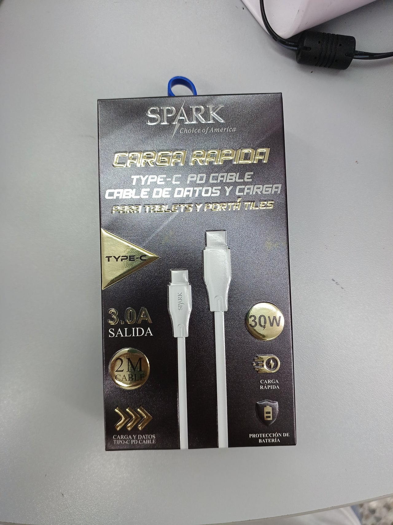 Cable de Carga rápida, PD a Tipo-C, salida 3.0A, 2m de cable 30W, SPARK
