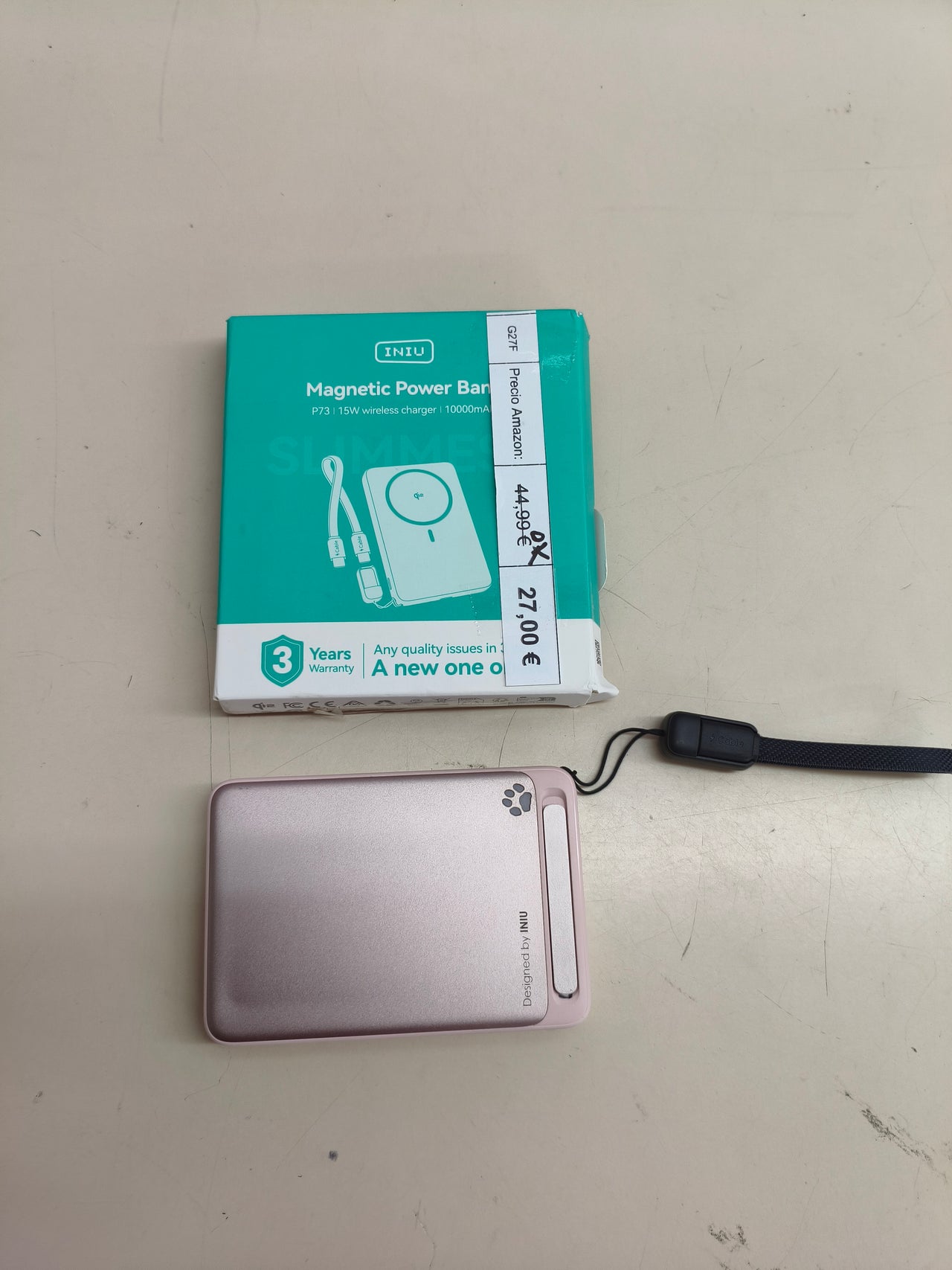 Batería externa INIU Qi2 MagSafe 10.000 mAh, 45 W, rosa.