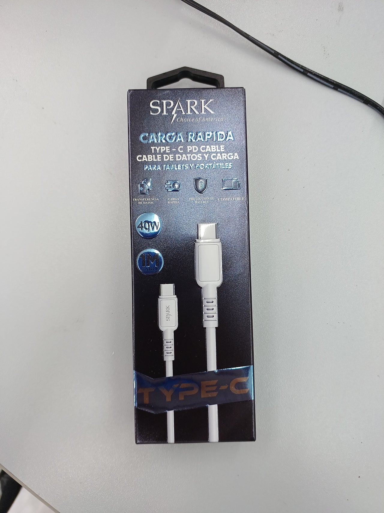 Cable de Carga Rápida, Tipo-C a PD, 40W, 1m de cable SPARK